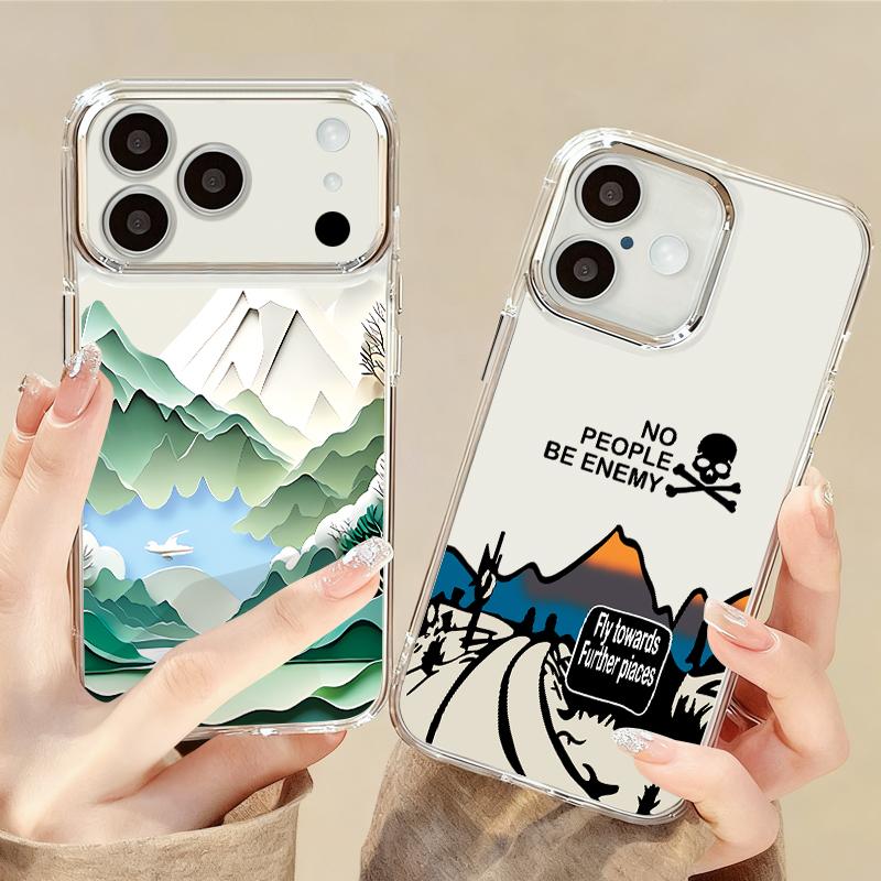Snow Mountain Scenery Phone Case For iPhone 17 Pro Max Plating Lens Frame Clear Soft Cover For iPhone 16 15 14 13 Pro Max 11 16E 17E