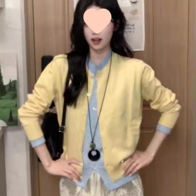 Lazy sweater women's coat autumn clothing contrasting color splicing knitted sweater cardigan college style fake two-piece women's top