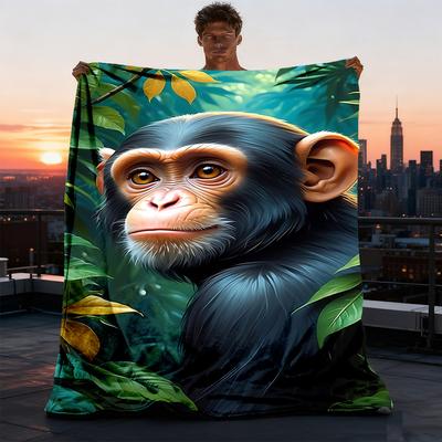 1 Stück Schimpansen-Print Decke Polyesterfaser, Leichter Flanell, Weich & Warm, Ganzjahresnutzung für Draußen, Camping Digitaldruck