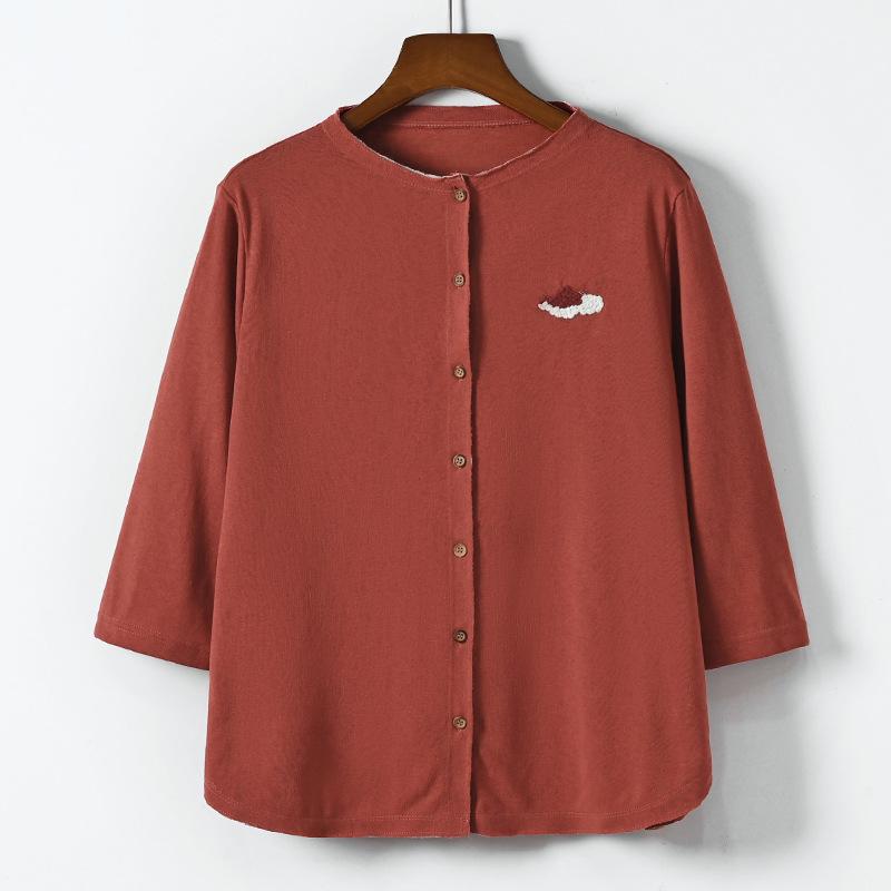 

Johnature женские трикотажные рубашки с вышивкой топы с круглым вырезом на пуговицах из смеси хлопка весенние однотонные повседневные мягкие женские рубашки XXL темно-красного