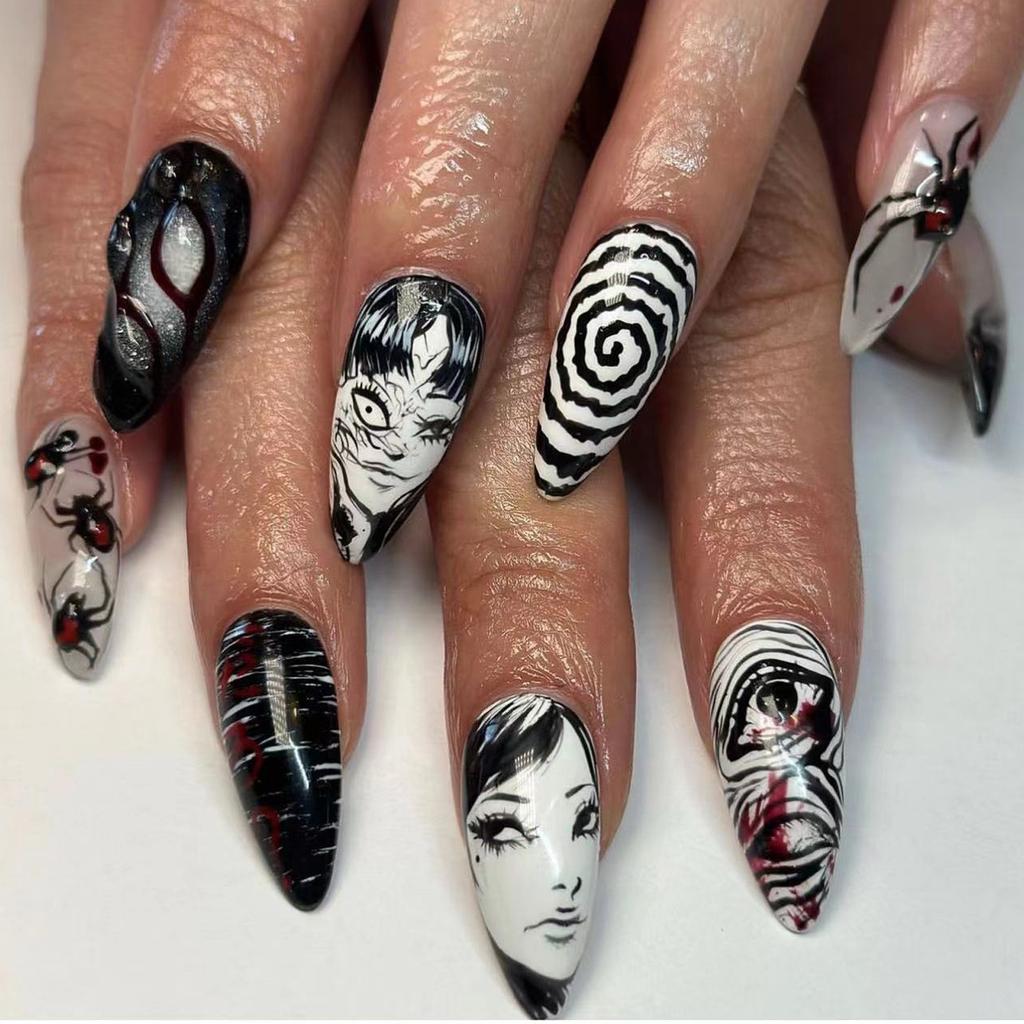 24PCS Dark Black Anime Nails Gothic Spiral Evil Eye Centipede Design Almond Press on Nails Horror Comic Gyaru Fake Nails Fashion