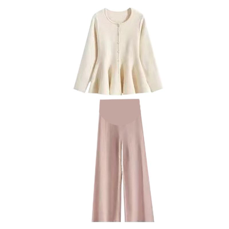 Set Pulover Tricotat Toamnă/Iarnă și Pantaloni Maternitate cu Picior Larg