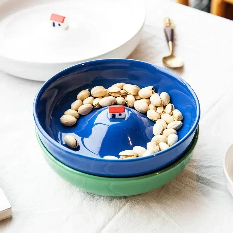 Hand-made Three-dimensional Small House Plate Home Decoration Bowl Creative Round Water Porcelain Plate Soup Plate