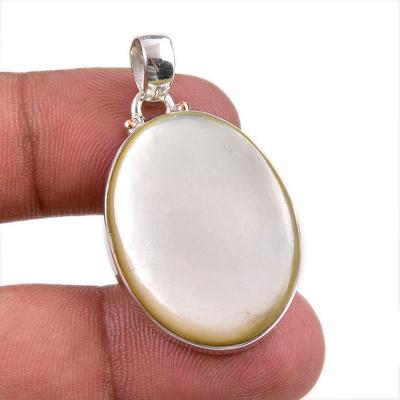 Doğal Sedef Taşı El Yapımı 925 Damga Gümüş Kolye 1.75" Y6L89
