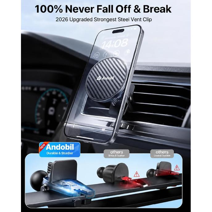 andobil for MagSafe Car Mount [20xN55 Strongest Magnet] Magnetic Phone Holder for Car Vent Stable Metal Clip 360 Adjustable Magnetic Car Phone Holder