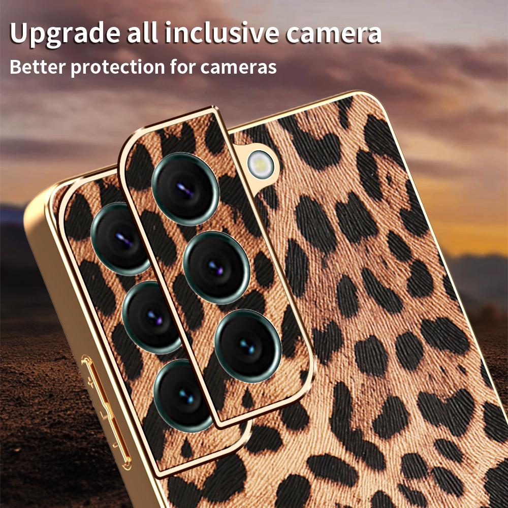 For Samsung Galaxy S22+ 5G Case Leopard Print PU Leather Coated PC + TPU Electroplating Phone Cover