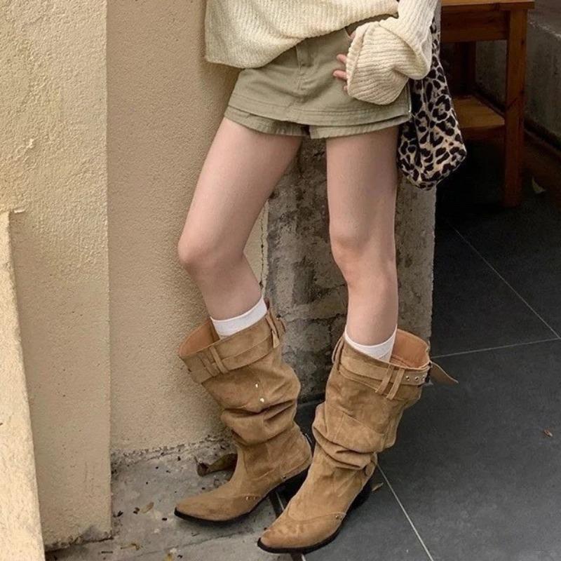 Big tube around long boots for women but knees Spring and summer new thick heel thin pointed belt buckle pleated pile boots