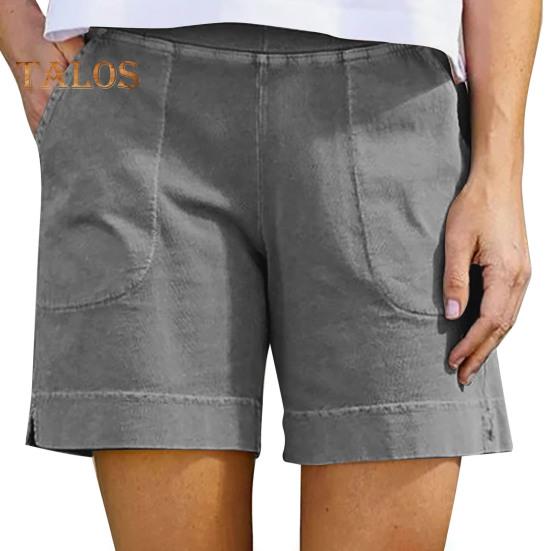 Women's Cotton Linen Shorts Elastic Waist Baggy Short Pants with Pockets Casual Knee-Length Summer Shorts