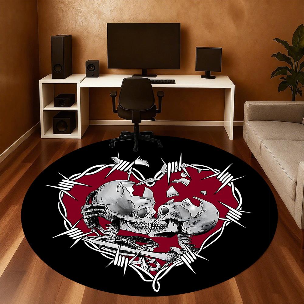 1pc Skulls BarbedWire Round Chair Mat Office Area Rug - Non-Slip, Floor Mat for Office, Bedroom, and Indoor Decor P127119