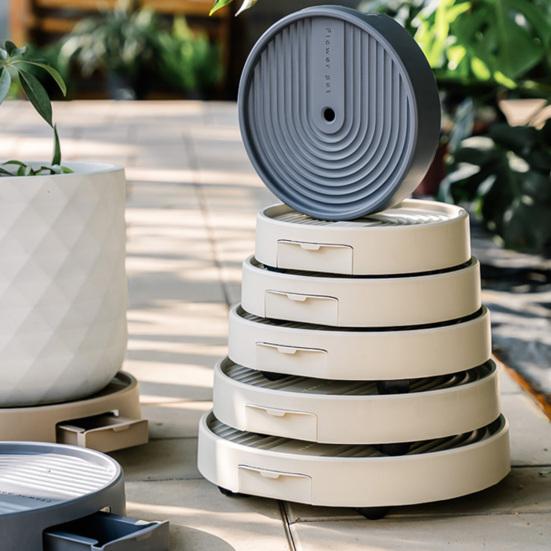 Pojízdný podstavec na rostliny Kulatý podnos pod květináč se skrytou drenážní nádržkou Podnos pod květináč s brzdovými kolečky pro vnitřní i venkovní použití