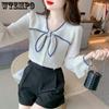 Spring and Autumn Women's Shirt Long Sleeve Backing Chiffon Shirt Versatile Western-style Women's Bow Top