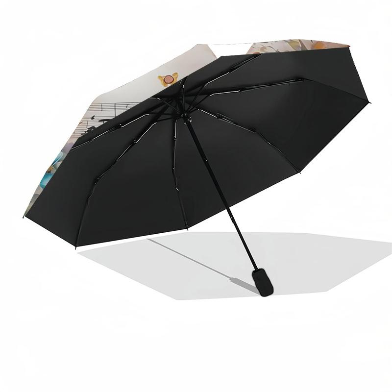 Floral Symphony Music Notes Butterfly Flowers Automatic Folding Umbrella - Portable 3-Fold Design with 8-Bone Iron Frame, Perfect for Festiv