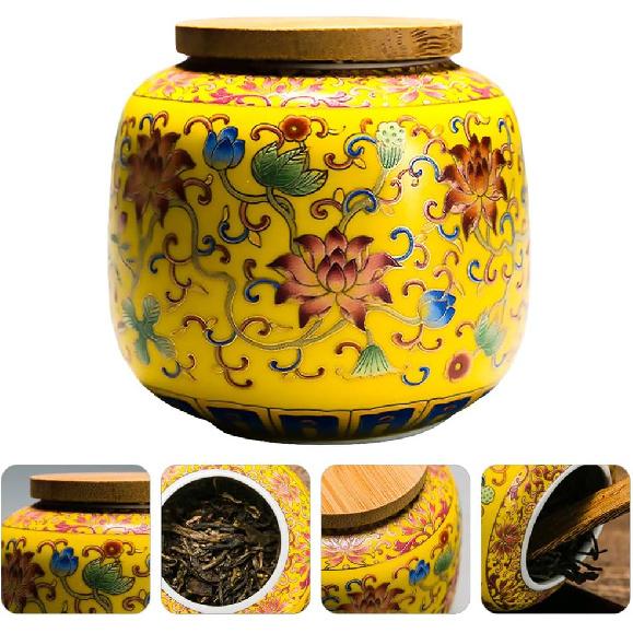 Ceramic Tea Canister with Airtight Wood Lid Vintage Chinese Style Tea Storage Jars Traditional Tea Tins Cans Tea 230ML for Kitchen Spice Tea Coffee