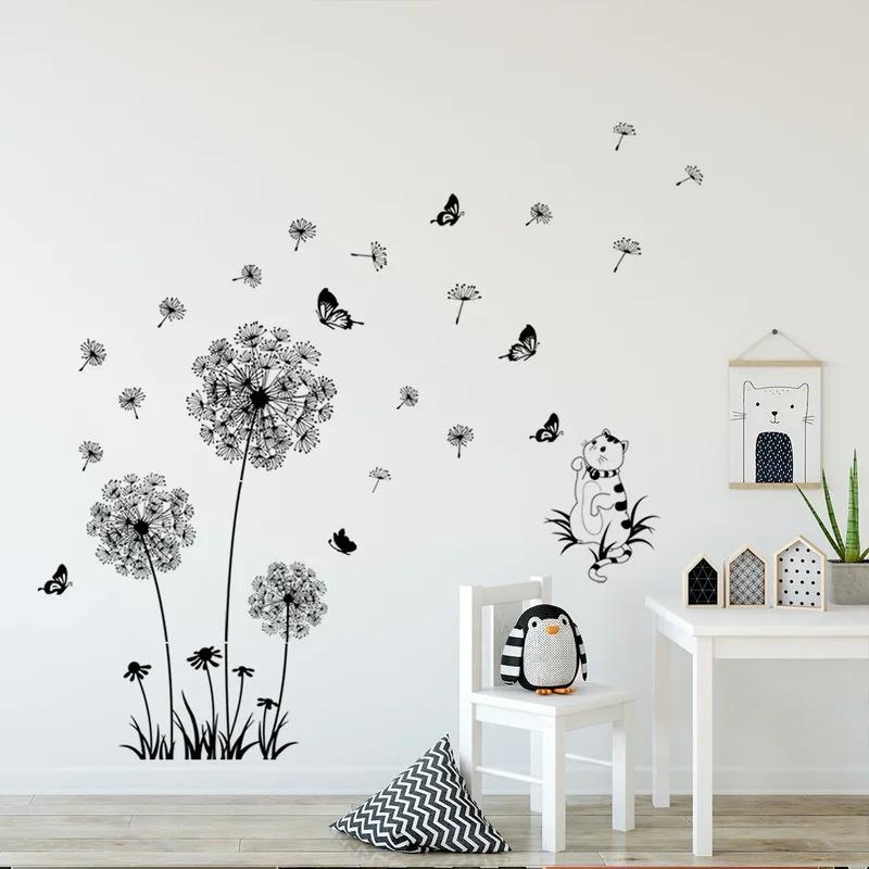 Niedliche Katze Schwarzer Löwenzahn Wandaufkleber Schmetterlinge Wand Wohnzimmer Schlafzimmer Fensterdekoration Wandbild Kunstaufkleber Heimdeko Aufkleber
