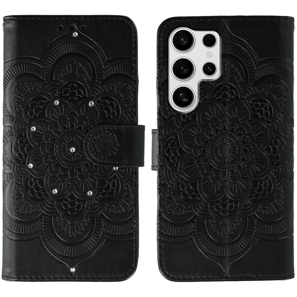 For Samsung Galaxy S24 Ultra Case Rhinestone Decor PU Leather Mandala Imprinted Design Phone Cover with Wrist Strap