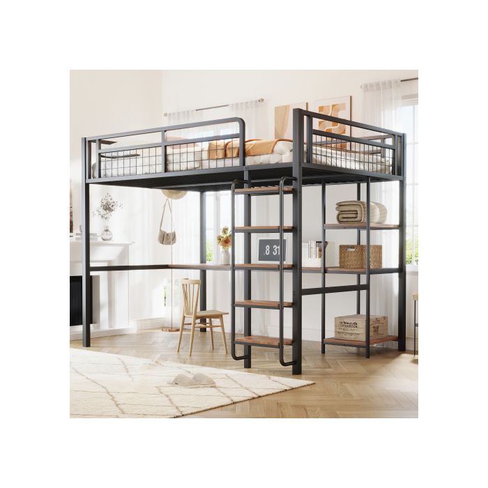 Lit superposé - MUVOE - 140x200 cm - Métal noir - Échelle de sécurité - Table intégrée