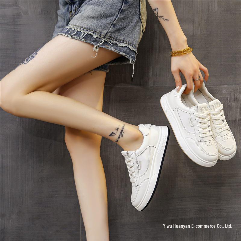 Women's White Versatile Sneakers - Flat, Thick Sole, Stylish 2025 Design for Spring and Autumn