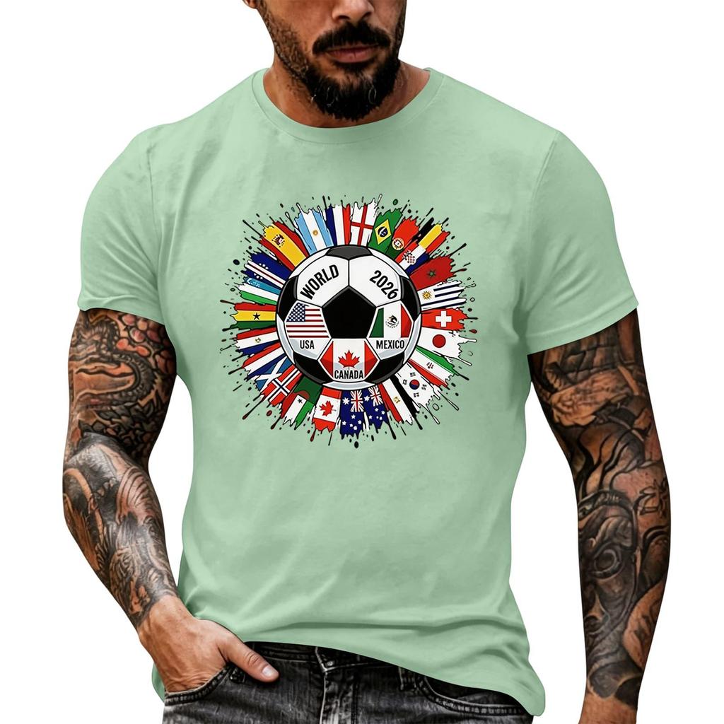 Men's Basic Crew Neck Short Sleeve T Shirt Loose Fit Casual Summer Top Soccer Ball and International Flags Graphic Print