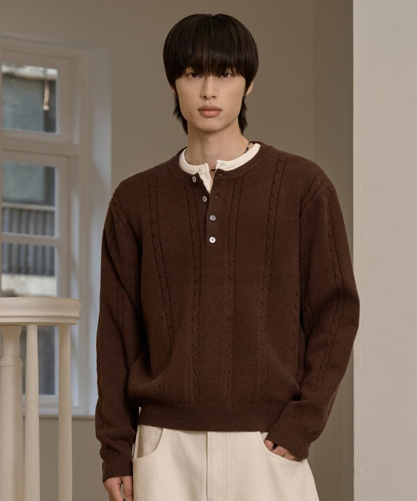 HYOJI Fw Washable Cable Crop Henley Neck Knit (8 Colors)