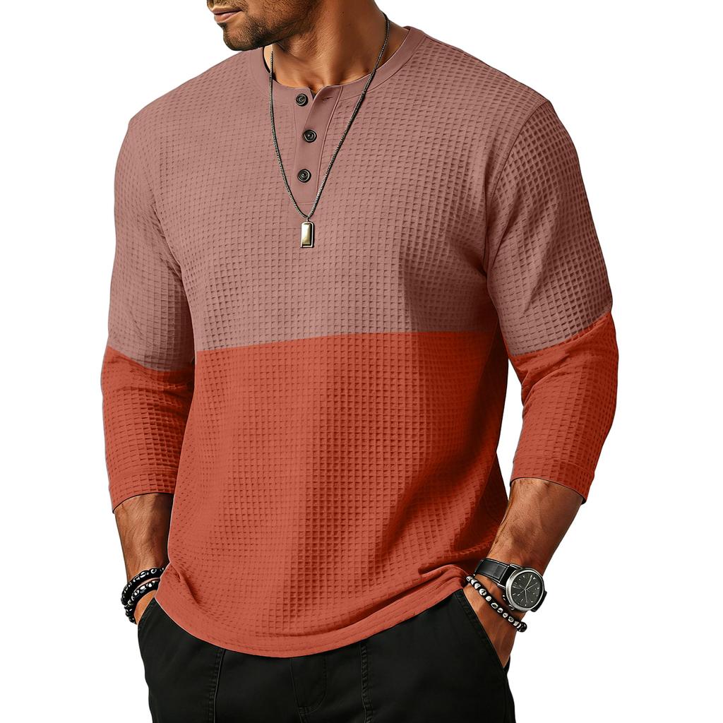 Men Knit Long Sleeve Henley Shirt Casual Crewneck Button Down Patchwork Pullover Top for Everyday Wear
