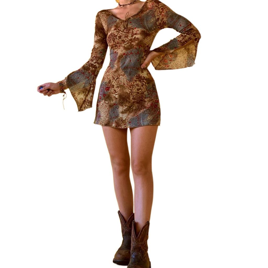 Vintage Print Dresses Women Tie-up Sheath Dress Adults Vintage Print Flare Sleeve V-neck Slit Short Skirt