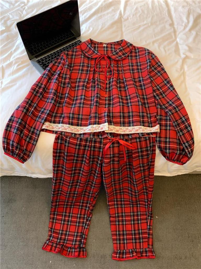 Red Plaid Peter Pan Collar Flannel Pajama Set - Long Sleeve and Pants for Autumn/Winter