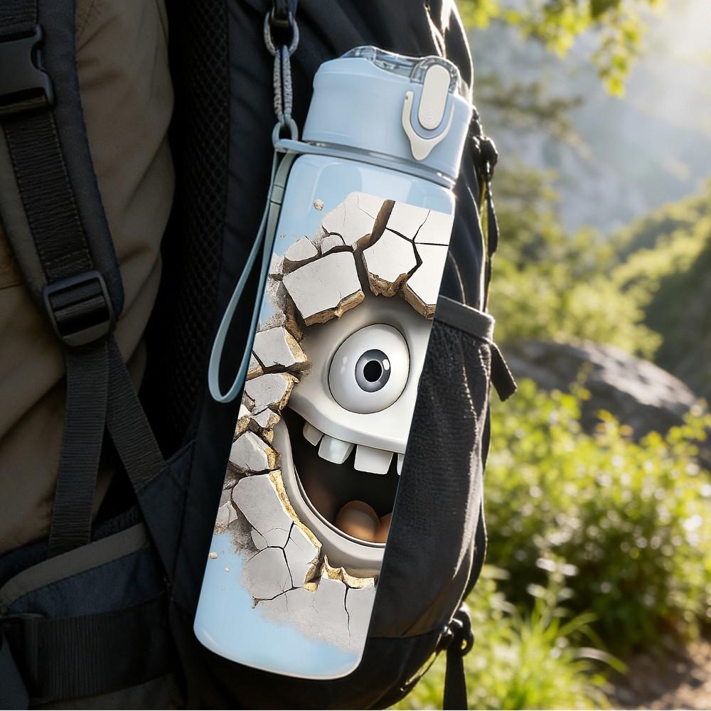 1PC Crack Wall Monster Face Cartoon Print 750ml Color Plastic Sports Water Bottle Leakproof Flip Straw Lid Suitable for Sports Office Home Use