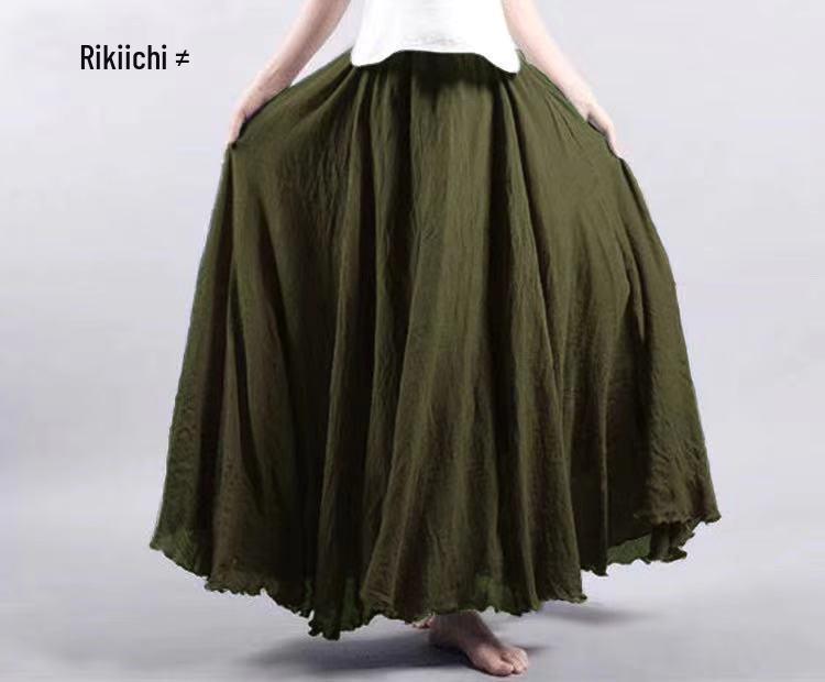 2024 Japan & Korea Loose Cotton-Linen Elastic Waist Midi Skirt – Solid Color A-line Swing Skirt