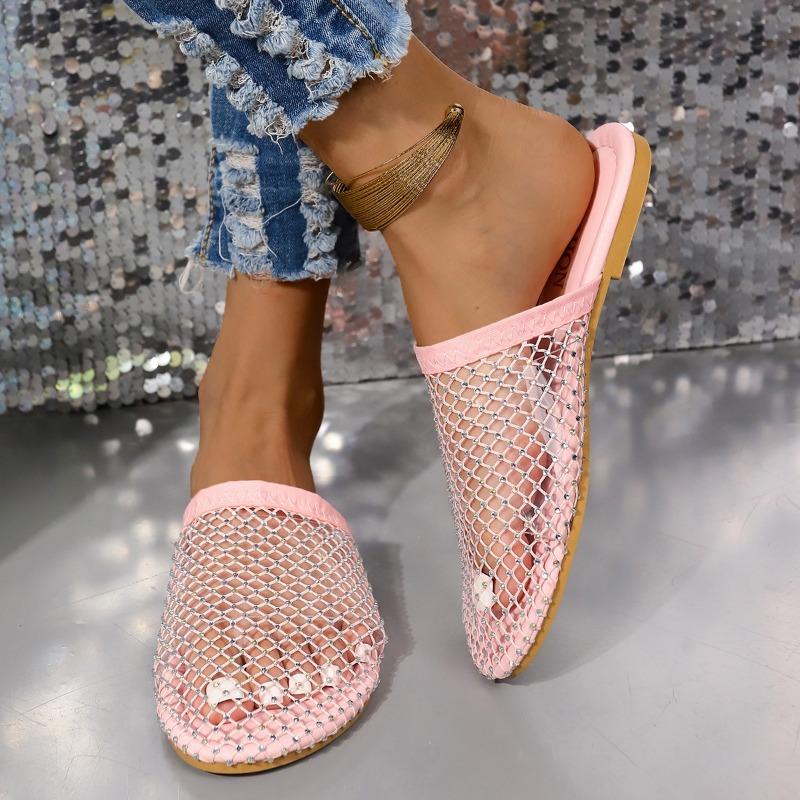 Women's Rhinestone Mesh Mules Sparkly Slip-On Flat Sandals with Fashion Insole