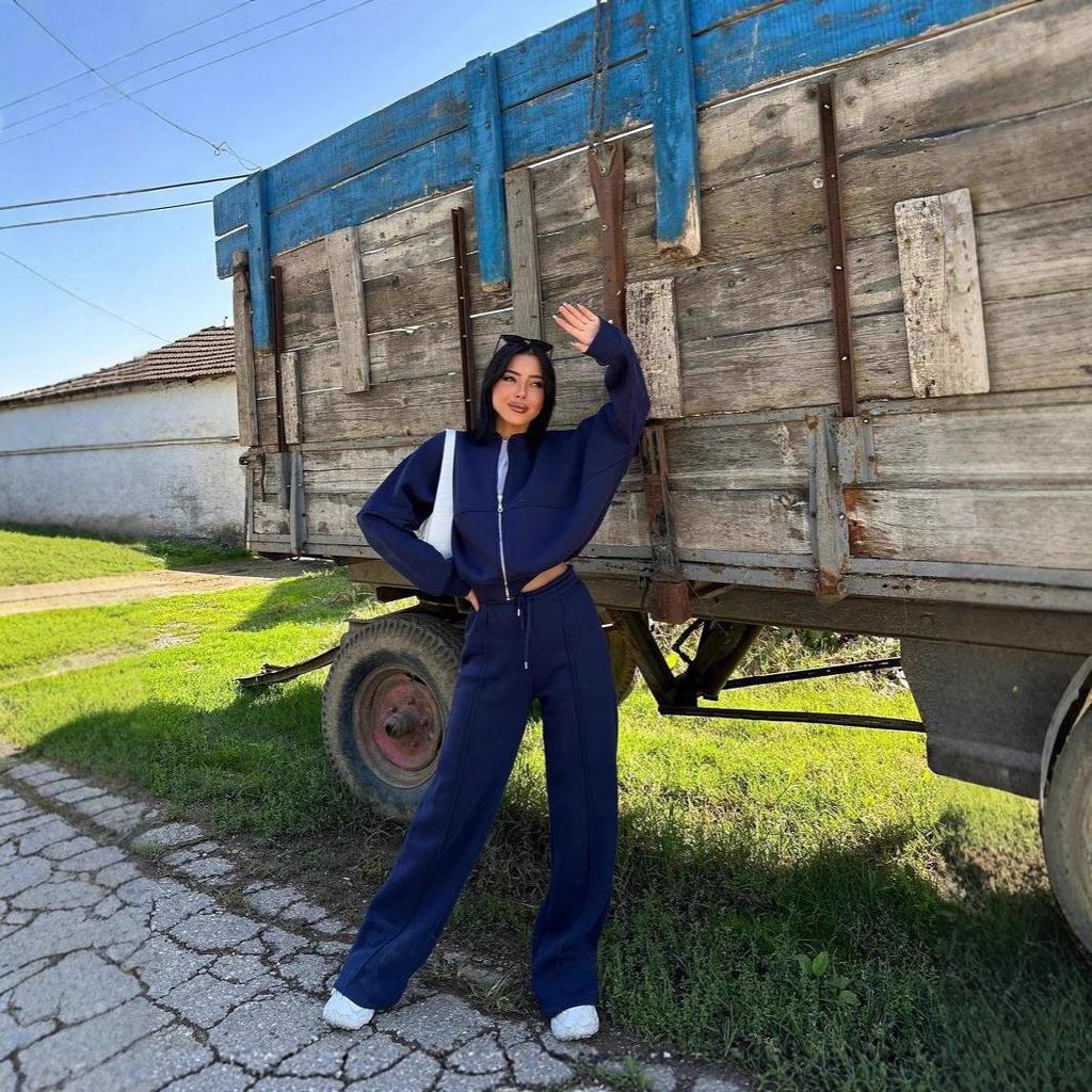 Women's Grey Cropped Zipper Hoodie and Loose Fit Sweatpants Casual Lounge Set