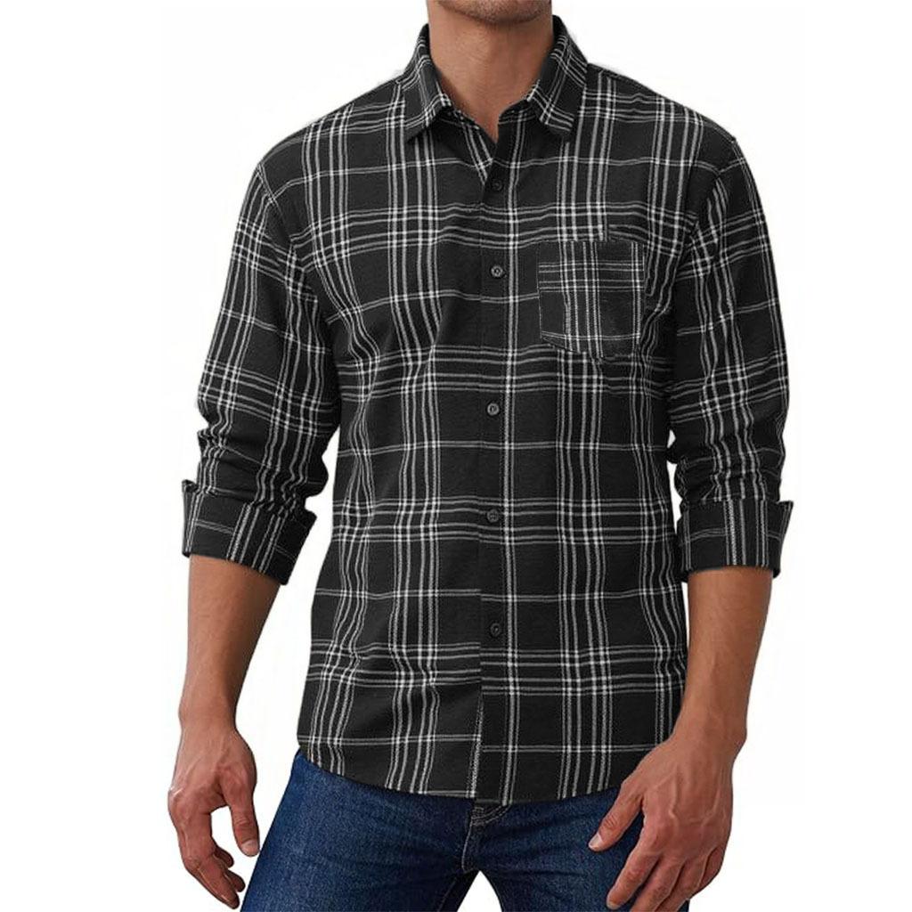 Thickened Long-sleeved Men's Lapel Shirt American Casual Loose Plaid Neutral Jacket