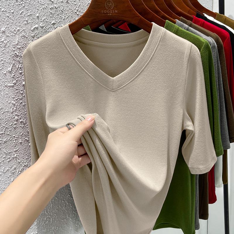 

Modal cotton shoulder T-shirt women s autumn new simple versatile collar T-shirt women s medium sleeve five-quarter sleeve top M хаки