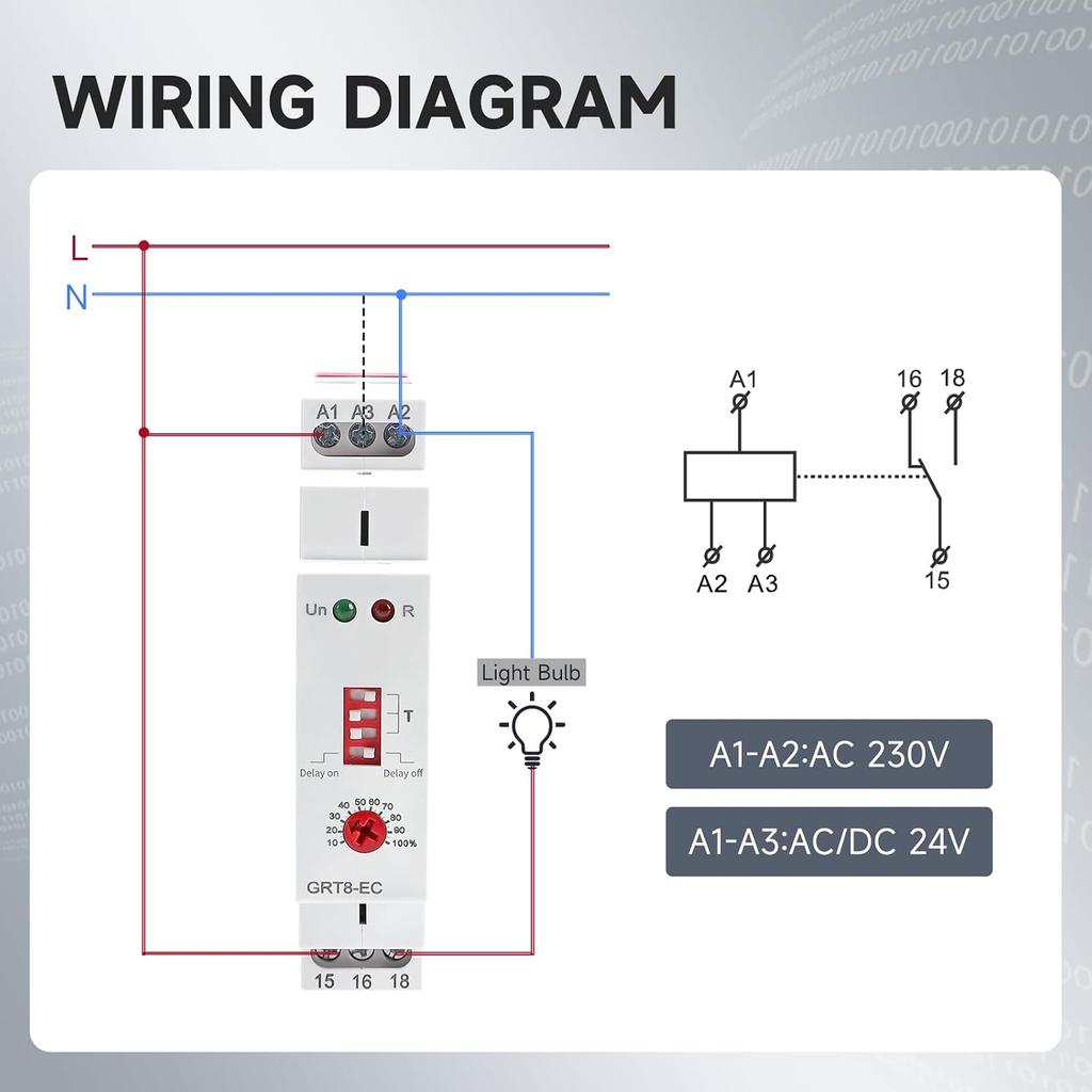 10A Timer Relay On Delay or Off Delay GRT8-EC Dual Function, 24V Time Relay On Delay or Off Delay Adjustable Wide Time Delay Range for 0.1Seconds To