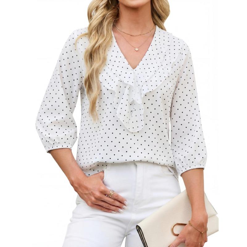 Womens Ruffled V Neck Three Quarter Sleeve Polka Dot Chiffon Blouse