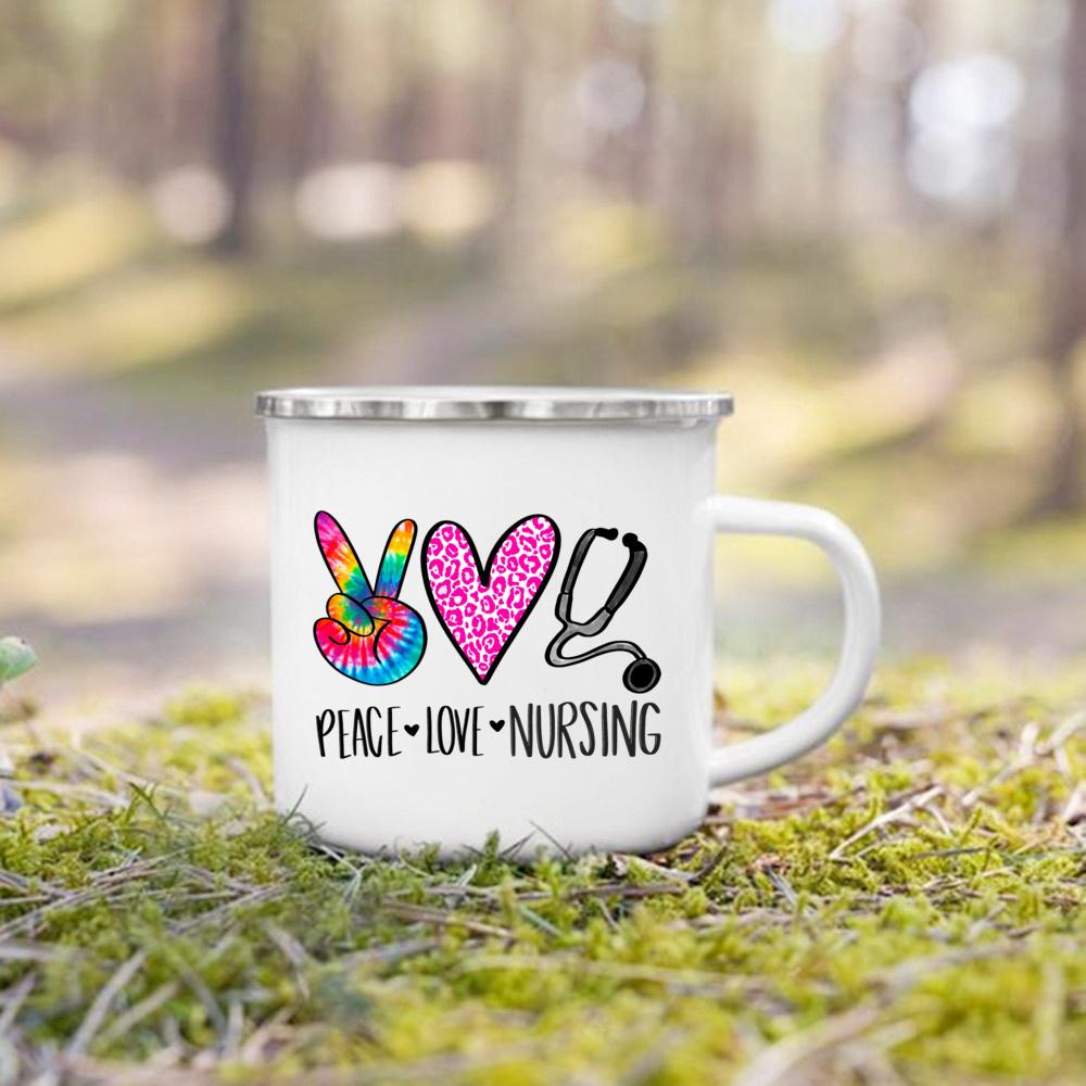 Nurse Life Print Mugs Enamel Mugs Creative Coffee Cups Drinks Dessert Breakfast Milk Cup Handle Drinkware Best Gifts for Nurse