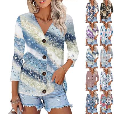 Damen Casual Mode Floral bedruckt Knopf 3/4 Ärmel Strickjacke Top