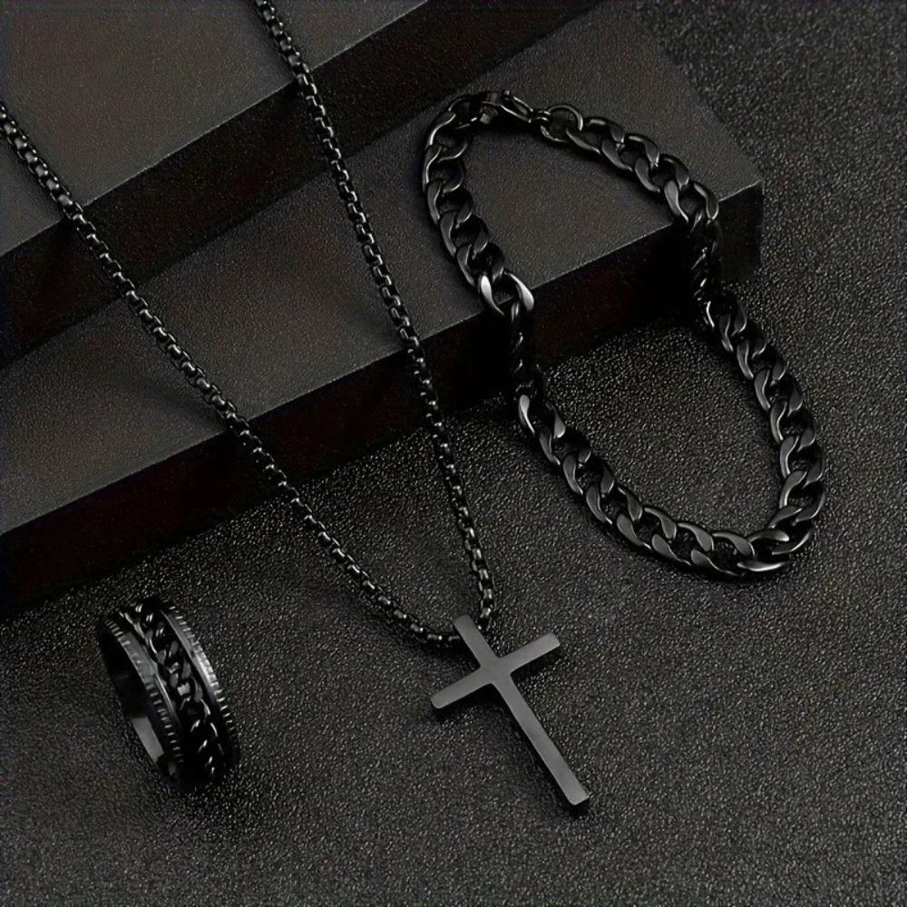 3pcs Set Men's Metal Cross Pendant Chain Necklace Bracelet Ring Jewelry Set Male Hip Hop Daily Wear Accessories