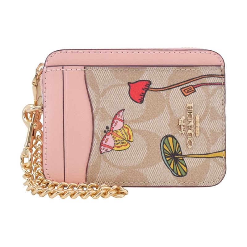 

COACH Card Case OBSERVED Flower Print Leather Coin Purse Card Case Regular Women s Khaki Pink Khaki powder рожевий