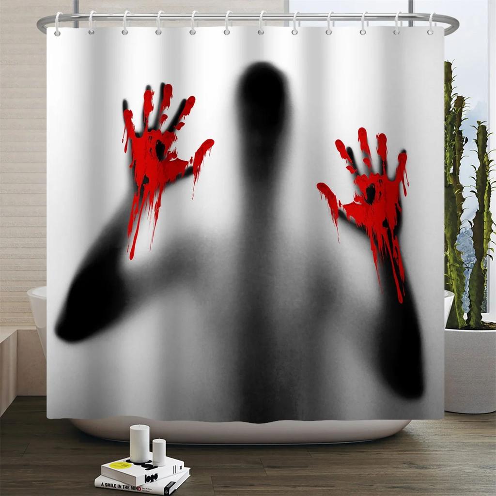 Halloween Duschvorhang Horrornacht Blutige Hände Gruseliger Zombie-Schädel Furchteinflößend Halloween Wasserdicht Bad Badezimmer Duschvorhang