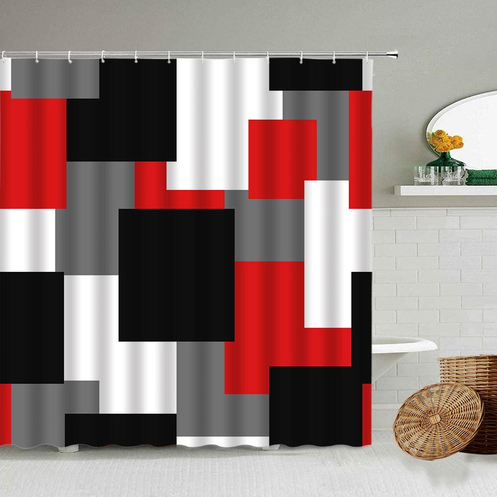Black and White Checkered Wave Stripe Geometric Shower Curtain Bathroom Waterproof Polyester Curtain with Hook Home Decor