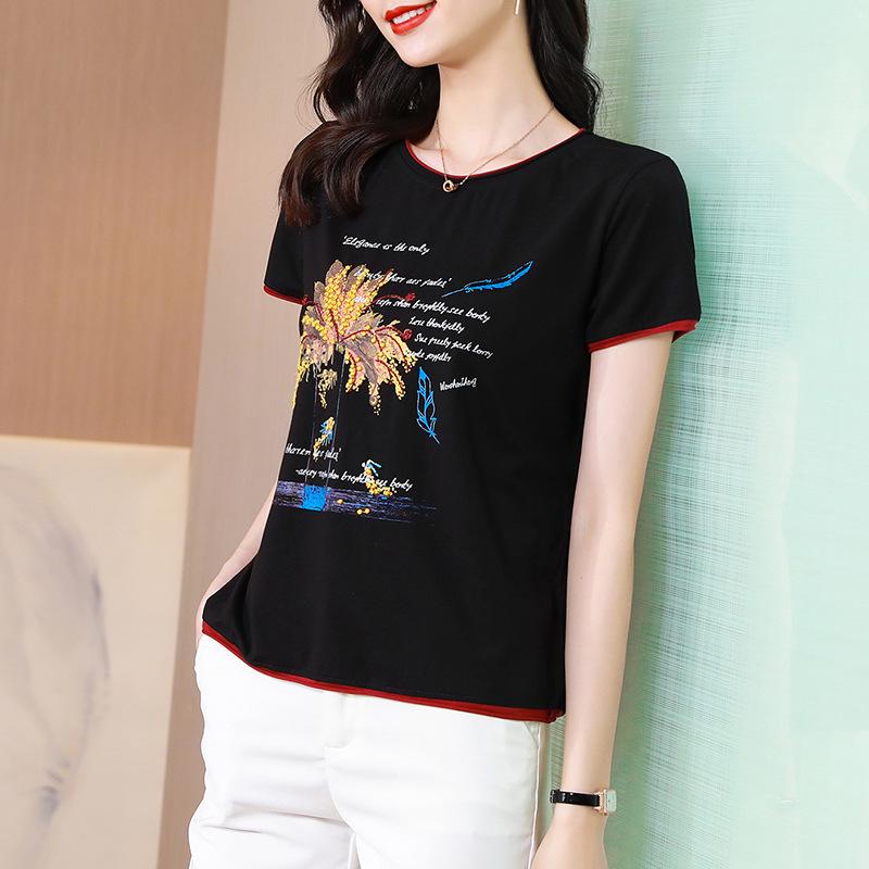 

Женская хлопковая футболка с коротким рукавом свободного кроя - Модная в 2021 году, топ, скрывающий живот, для женщин среднего возраста 2XL чёрный