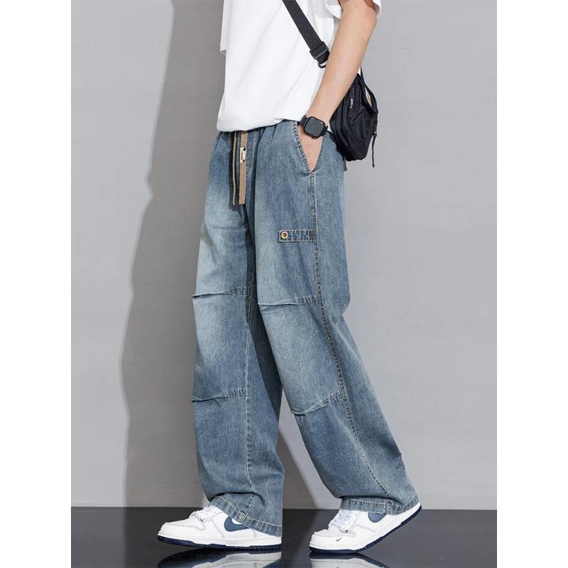 Men's Cargo Jeans Spring Summer Wide Leg Denim Pants Straight Baggy Jeans Asian Size
