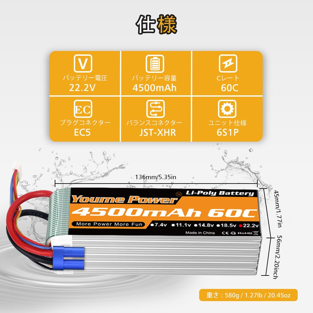 Youme 6S Lipo, 22.2V 4500mAh Lipo60C with EC5 and XT90 Plugs, X-Class Drone Racing 70MM 8MM 90MM EDF RC Quadcopter Airplane Helicopter Car Truck Boat