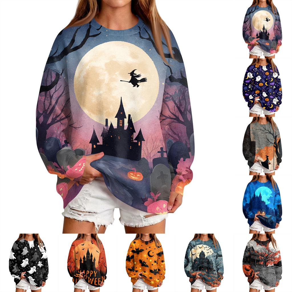 Women's Casual Round Neck Sweatshirt with Halloween Print, Long Sleeve Pullover for Festivals