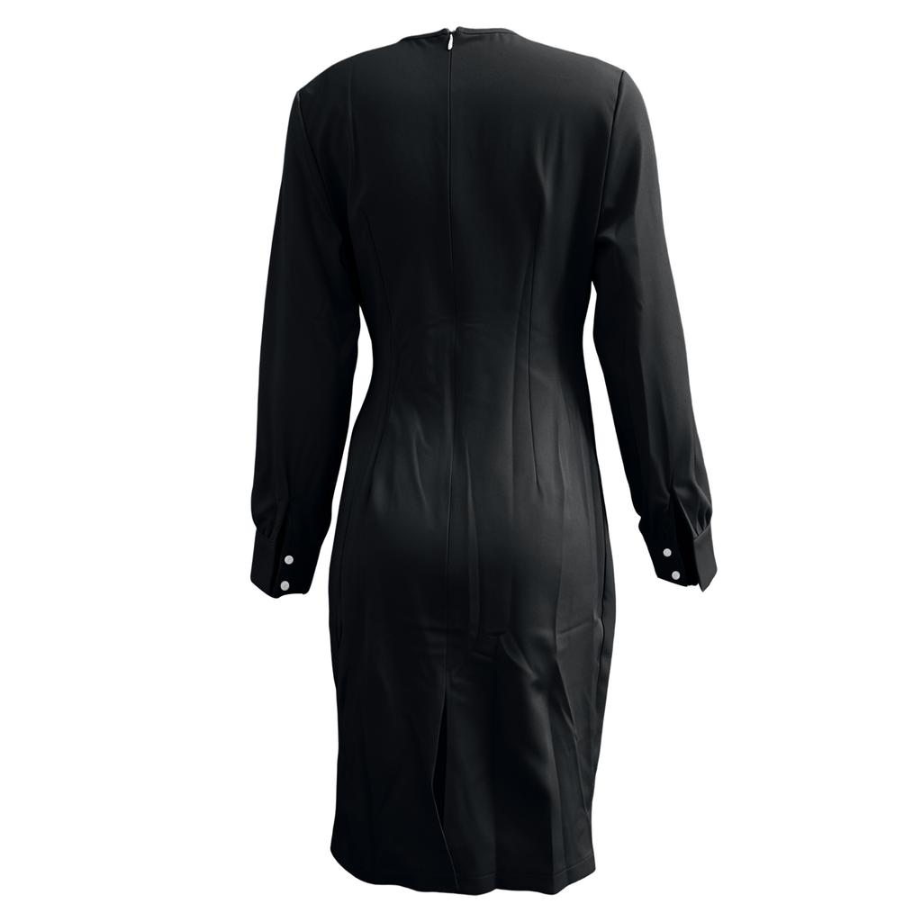 Elegantes einfarbiges Faltenkleid für Damen mit taillierter Taille, Rundhalsausschnitt und Cut-out