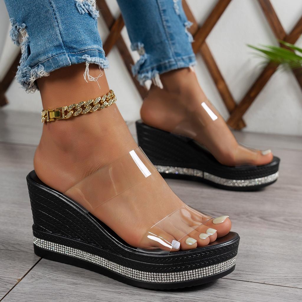 Fashion Shoes for Women Summer New Fashion Slip-on Women High Heels Crystal Wedge Shoes Female Peep Toe Casual Sandals Woman Slippers