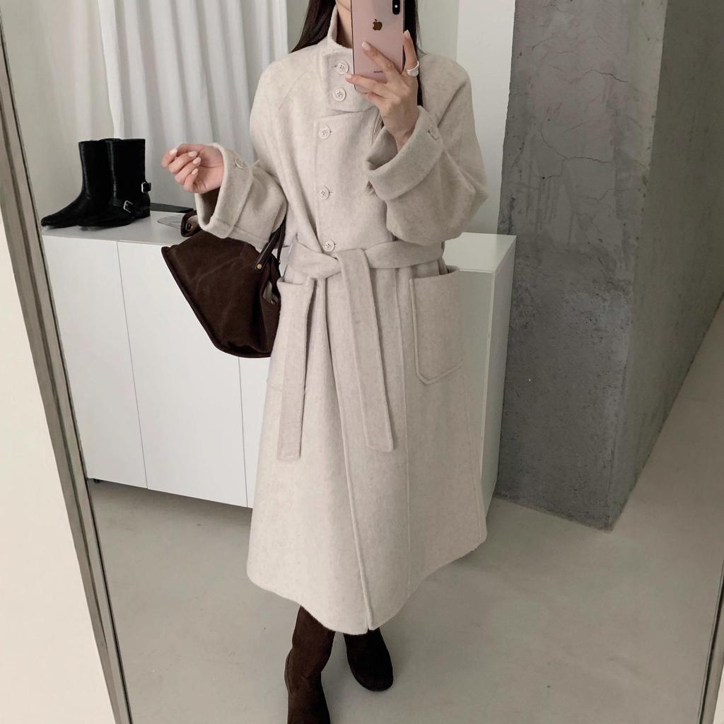 Korean Style Double-Faced Wool Coat with Stand-Up Collar, Tie-Waist, Extra-Long Design for Fall/Winter 2025