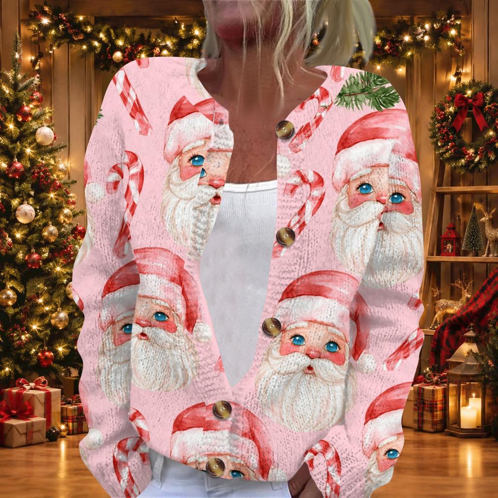 Cardigan in Maglia da Donna con Stampa Natalizia, Manica Lunga, con Bottoni