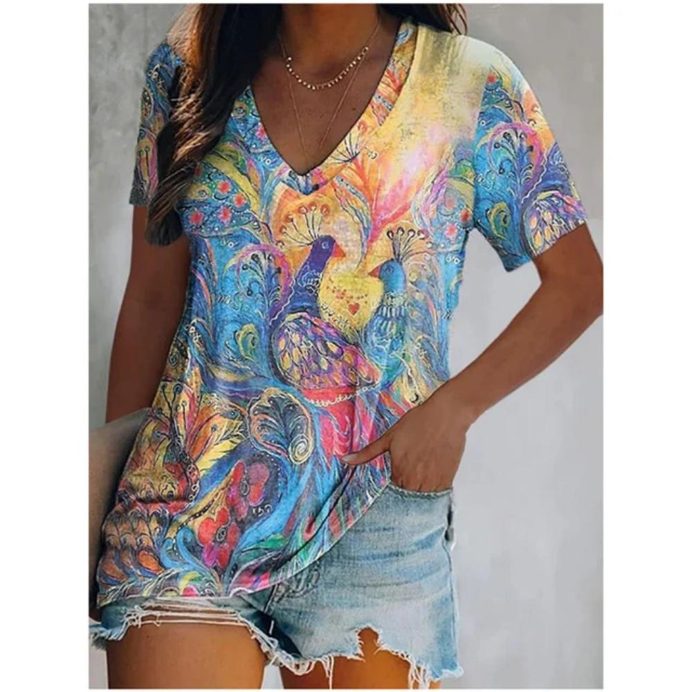 

3D V-образный вырез футболка винтажная женская смешанный цветочный узор принт летняя женская рубашка топы уличный тренд свободные женские топы больших размеров 8XL