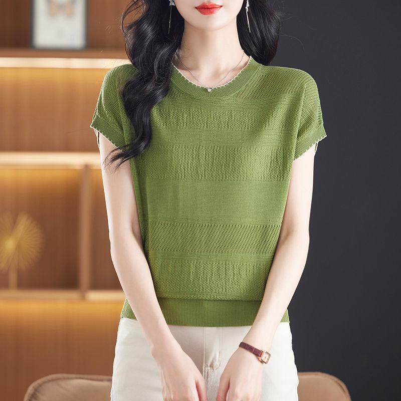 Ice Silk T-shirt for Women Loose and Simple Top Round Neck Knitted T-shirt for Summer